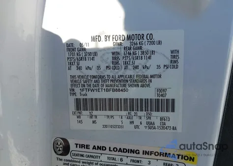 2011 Ford F-150 Xlt из США, поврежденный, VIN 1FTFW1ET1BFB88450